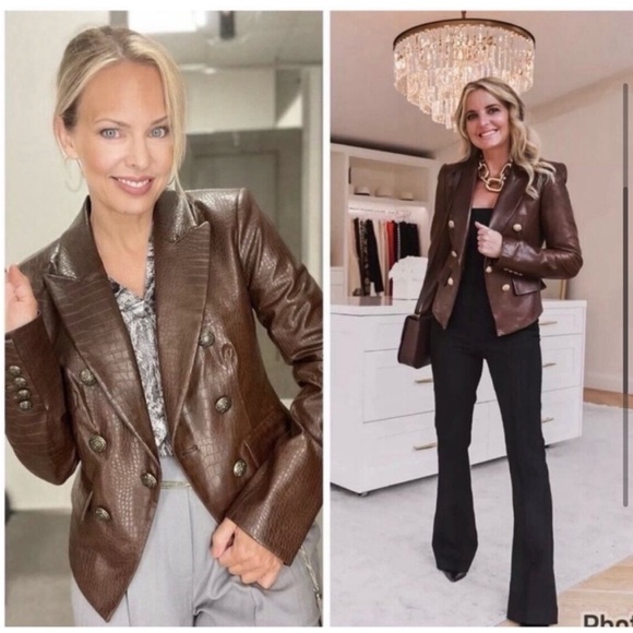 VERONICA BEARD | Brown Cooke Croc Embossed Vegan Leather Jacket Blazer Size 4 - Picture 2 of 10
